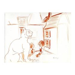 Wayne Ensrud "Lion Statue in the Courtyad of Chateau Haut-Brion" Pastel Original Artwork; Hand Signe