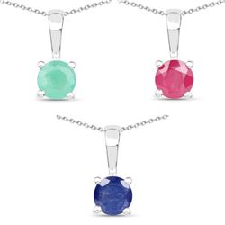 1.68 Carat Emerald, Glass Filled Ruby and Glass Filled Sapphire .925 Sterling Silver Pendant