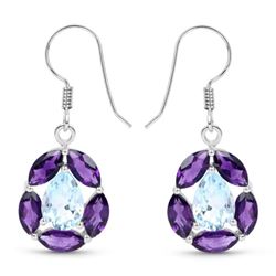 9.10 Carat Genuine Blue Topaz and Amethyst .925 Sterling Silver Earrings