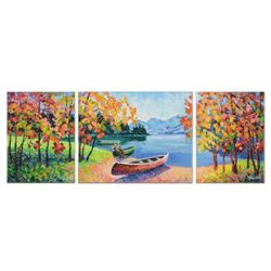 Alexander Antanenka, "Weekend Outing" Original Oil Triptych Painting on Canvas (44" x 16"), Hand Sig