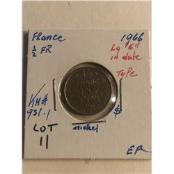 1966 France 1/2 Franc Large 6 Type in Date Extra Fine KM 931.1