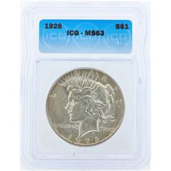 1928 $1 Peace Silver Dollar Coin ICG MS63