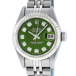 Rolex Ladies Stainless Steel Green Diamond Quickset Datejust Wristwatch