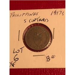 Rare 1917 S Phillipines 5 Centavos Exra Fine Grade