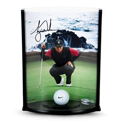 Tiger Woods Signed "Pebble Beach Hole No. 7" 8.5x11x3.5 Curve Display with Range Driven Ball (UDA CO