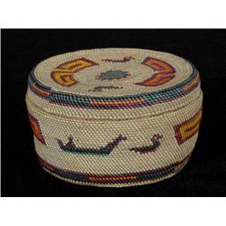 Makah Lidded Basket with Bird and Canoe Desig