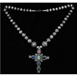 Old Navajo Silver Bead and Cross Necklace wit