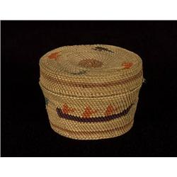 Makah Lidded Basket - Canoe and Bird Design F