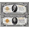 Image 1 : Lot of 1928 $10 & $20 Gold Certificate Notes