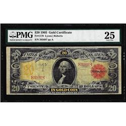 1905 $20 Technicolor Gold Certificate NoteFr.1179 PMG Very Fine 25