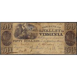 1800's $50 The Bank of the Valley in Virginia Obsolete Note