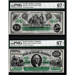 Low Serial Set 1872 $20 & $50 South Carolina Obsolete Notes PMG Superb Gem Unc. 67EPQ