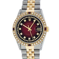 Rolex Mens Two Tone 14K Red Vignette Diamond String & Ruby Datejust Wristwatch