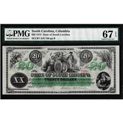 1872 $20 State of South Carolina Revenue Bond Obsolete Note PMG Superb Gem Unc. 67EPQ