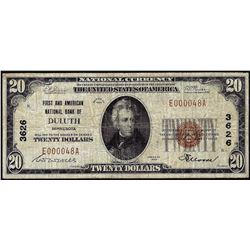 1929 $20 First American NB of Duluth, MN CH# 3626 National Currency Note Low Serial