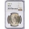Image 1 : 1925 $1 Peace Silver Dollar Coin NGC MS63