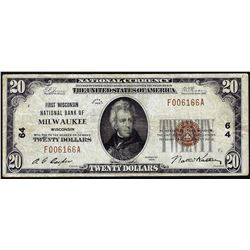 1929 $20 National Bank Milwaukee, WI CH# 64 National Currency Note