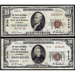 Set of 1929 $10/$20 BofA San Francisco, CA CH# 9174 National Currency Notes