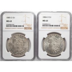 Lot of 1884-O & 1885-O $1 Morgan Silver Dollar Coin NGC MS63