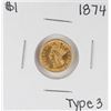 Image 1 : 1874 Type 3 $1 Indian Princess Head Gold Dollar Coin