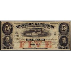 1857 $5 Western Exchange Fire & Marine Insurance Nebraska Obsolete Note