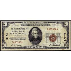 1929 $20 BofA San Francisco, CA CH# 9174 National Currency Note