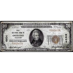 1929 $20 National Bank Oshkosh, WI CH# 6604 National Currency Note