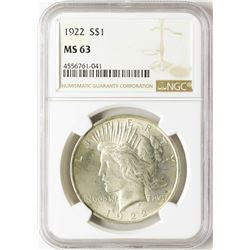 1922 $1 Peace Silver Dollar Coin NGC MS63