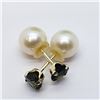 Image 3 : 10K Yellow Gold 2 In 1 Green Tourmaline And Fresh Water Pearl (4Mm) Earrings, Made in Canada, Sugges