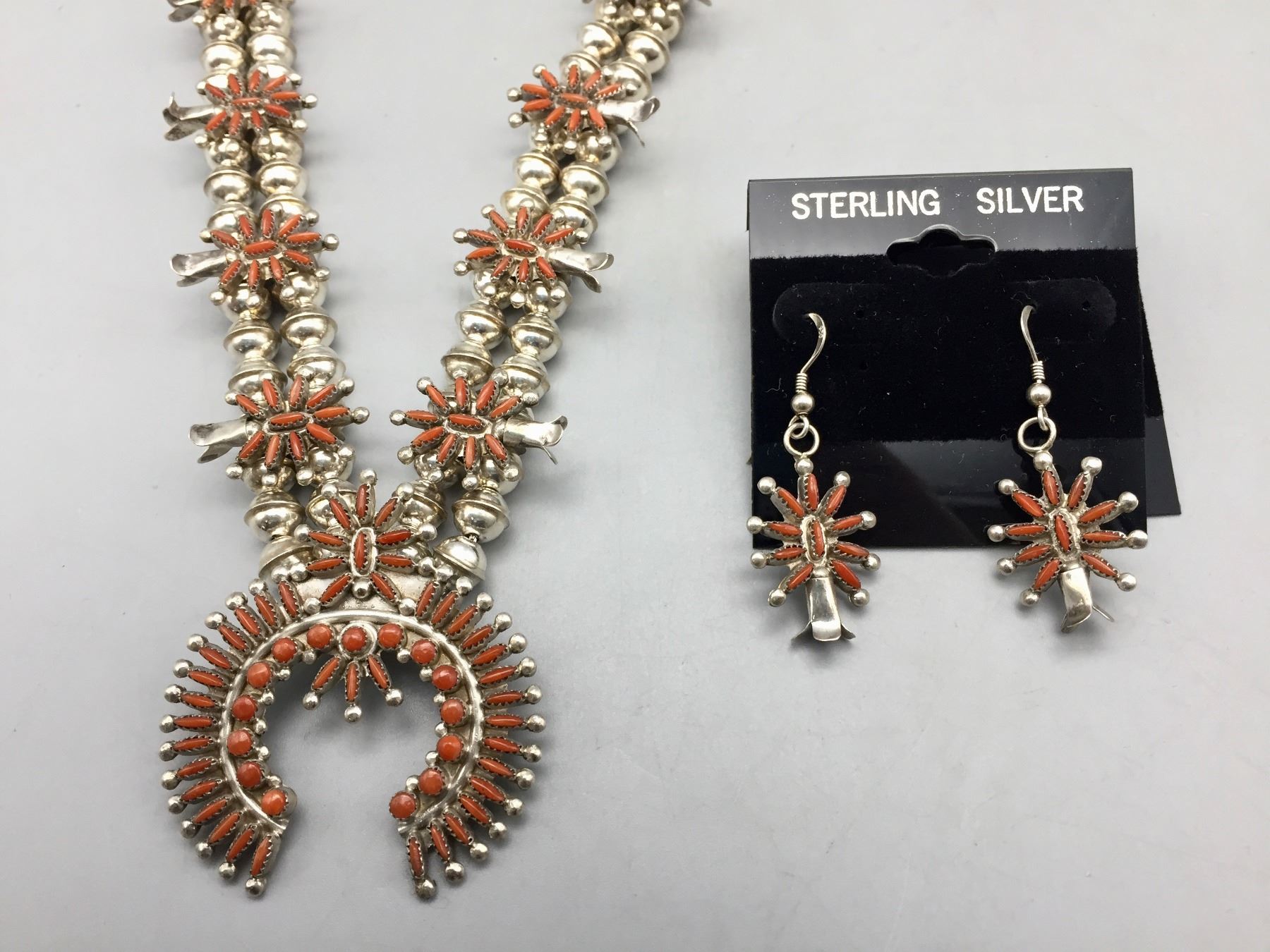 Zuni Needlepoint Coral Squash Blossom Necklace with Earrings