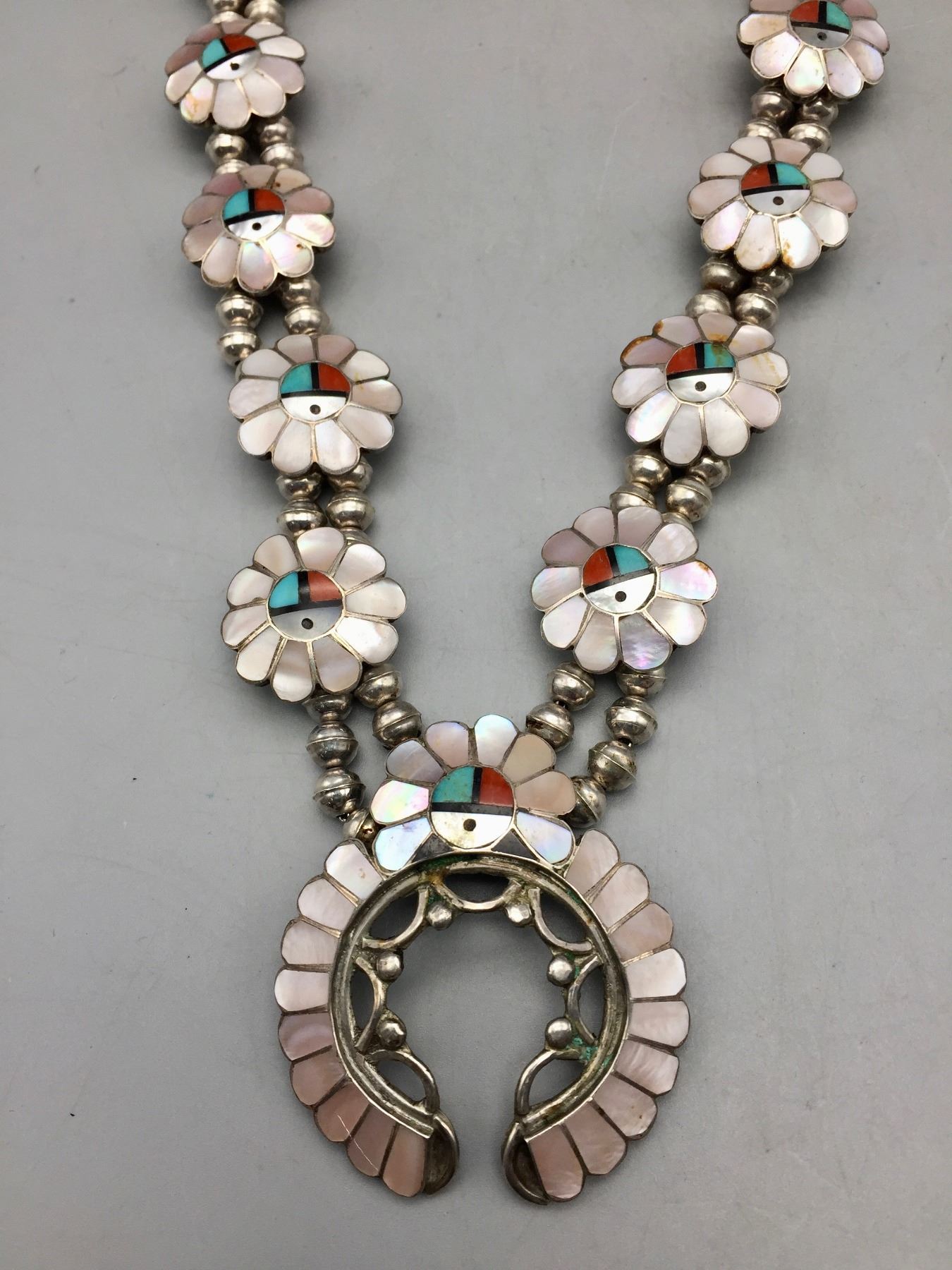 Vintage Zuni Inlay Squash Blossom Style Necklace