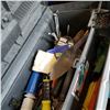 Image 3 : TOTE OF ROPE, BUNGIE CORDS, AND RUBBERMAID TOOL BOX W/ CONTENTS