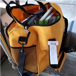 YELLOW TOOL BAG W/ CAMERA EQUIPTMENT, X-BOX 360 GAMES, ETC