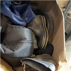 BOX OF RAIN BOOTS AND CLOTHING