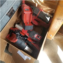 BOX OF MILWAUKEE CORDLESS POWER TOOLS AND CHARGERS