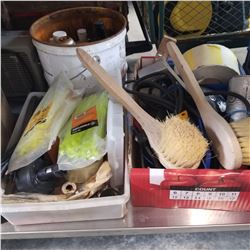 TOOL BOXES AND BUCKET OF BRUSHES AND SHOP SUPPLIES