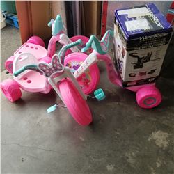 3 MINNIE MOUSE PLASTIC TRICYCLES AND BICYCLE CHILDER CARRIER