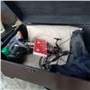 Image 1 : WOOD TRUNK W/ AIR MATTRESS, CAMP SUPPLIES, AND CAMP STOVE