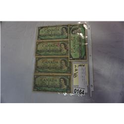 5 CANADIAN 1 DOLLAR BILLS THREE 1954, TWO 1967