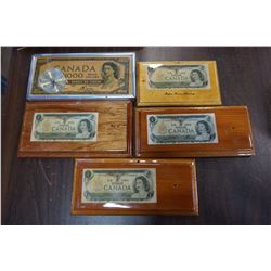 DECORATIVE CANADAIAN BILL PLAQUES AND 1000 DOLLAR BILL CLOCK