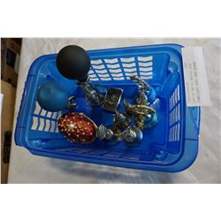 LOT OF METAL BELLS, EGG JEWELLERY BOX, AND HORNS