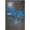 Image 2 : BLUE METAL FOLDING, SHELF, AND 2 IRON PLANTER STANDS