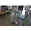 Image 1 : ROUND CHROME AND GLASS BAR HEIGHT TABLE WITH THREE BLACK LEATHER AND CHROME BAR STOOLS
