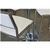 Image 2 : ROUND CHROME AND GLASS BAR HEIGHT TABLE W/ 3 CHROME AND WHITE LEATHER BAR STOOLS
