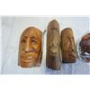 Image 2 : 3 SIGNED CARVED HEADS AND GLASS SKULL JAR OF PENNIES