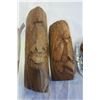 Image 3 : 3 SIGNED CARVED HEADS AND GLASS SKULL JAR OF PENNIES
