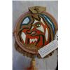 Image 2 : SMALL HAND PAINTED SIGNED BY RICHARD MATUSIAK THE WOLF W. REAL FEATHERS ON LEATHER WALL HANGING