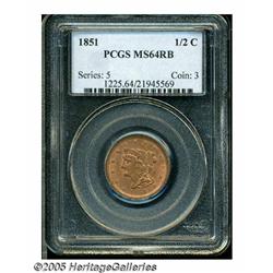 1851 1/2 C MS64 Red and Brown PCGS. B-1, C-1, R.1