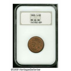 1855 1/2 C MS64 Red NGC. B-1, C-1, R.1. Minutely 