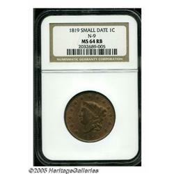 1819 1C Small Date MS64 Red and Brown NGC. N-9, R